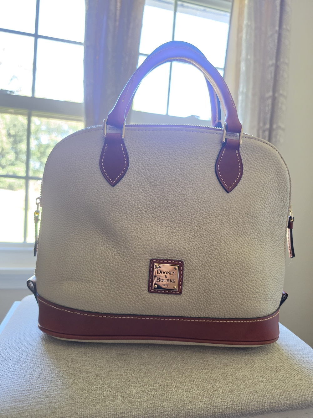 Dooney & Bourke Cream Pebbled Leather Satchel with Brown Trim